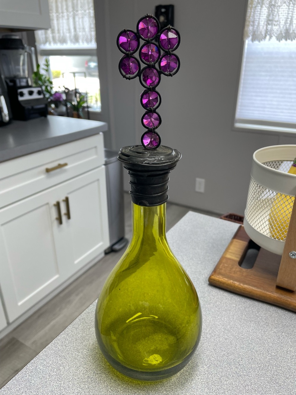 Olive Green Glass Bottle with Purple Crystal flower topper